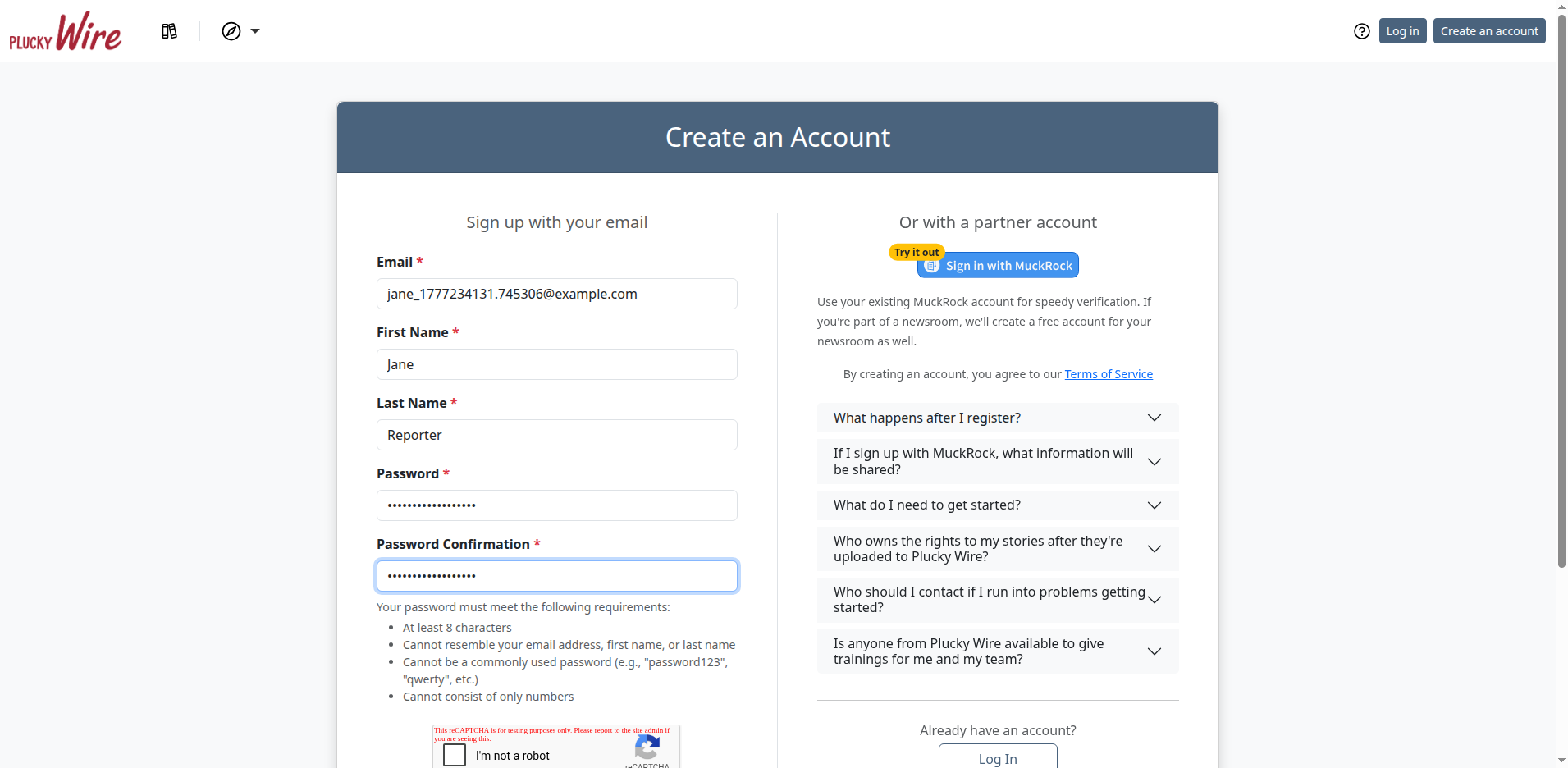 Plucky Wire registration form filled with sample name, email, and password