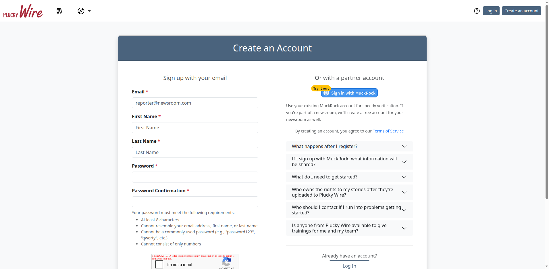 Plucky Wire registration page with the email form on the left and the Sign in with MuckRock button on the right