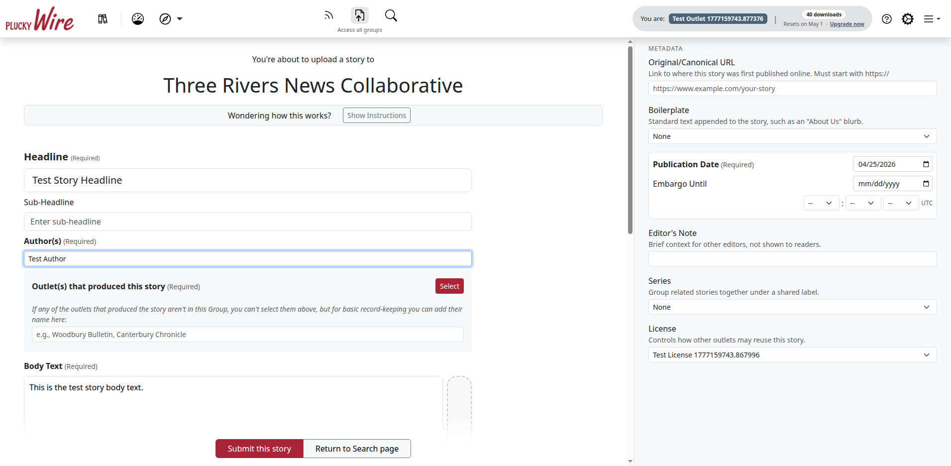 The Plucky Wire story upload form filled with a sample headline, author, publication date, and body text
